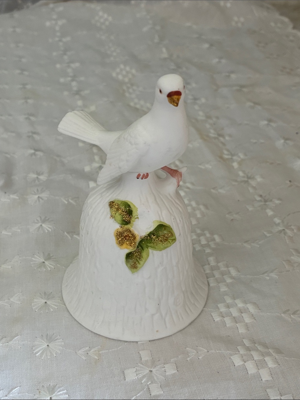 Towle White Ceramic Bird Bell with Green Leaf and Gold Accents